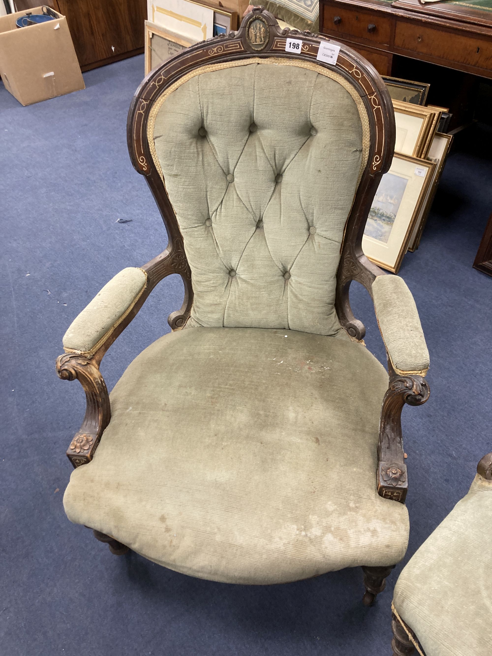 A pair of Victorian spoonback chairs, inset oval jasper plaques (one with arms)